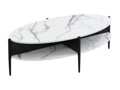 Mesa de centro oval com 4 nichos em MDF e metal efeito mármore branco e preto - EVARO