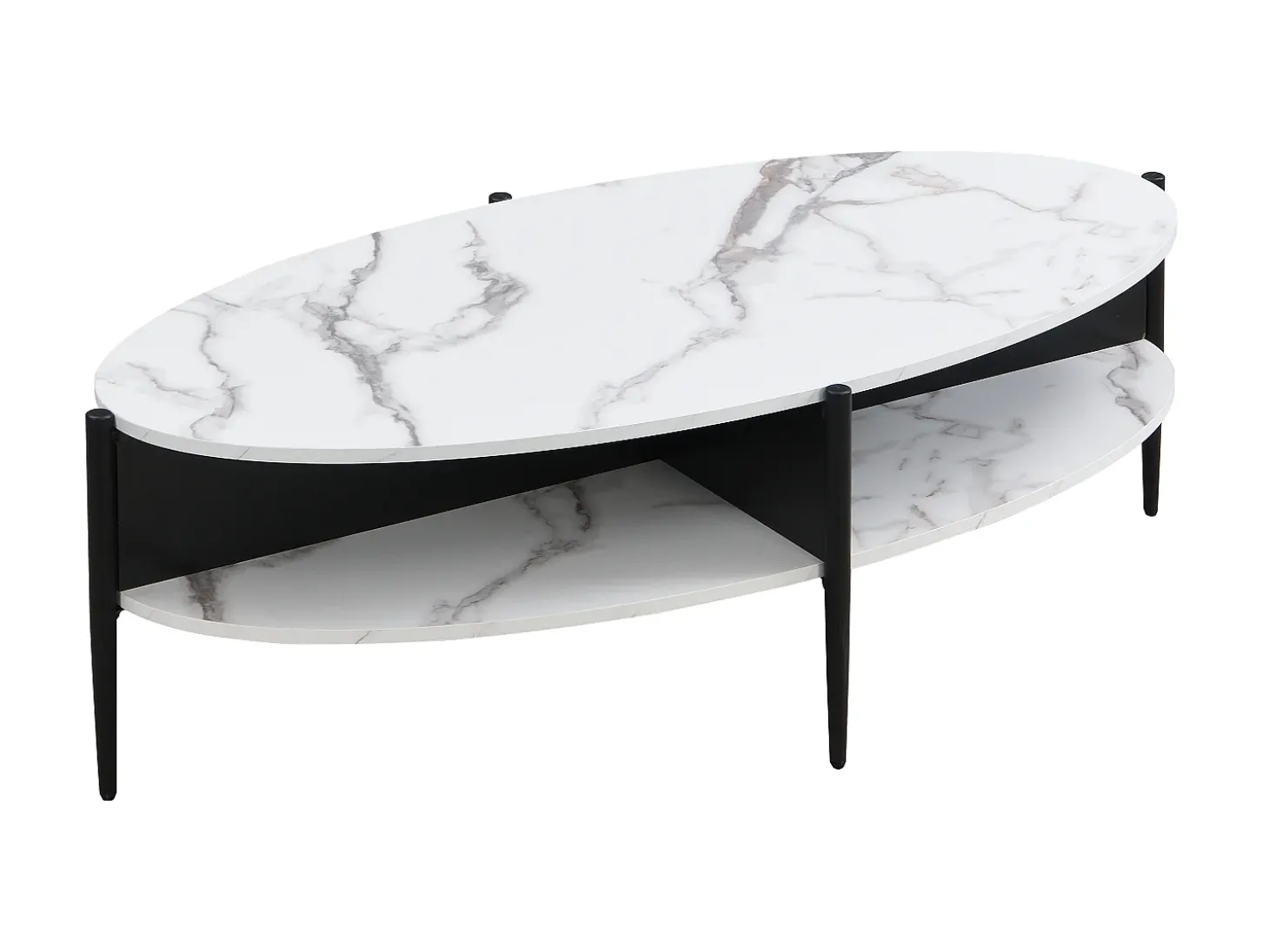 Mesa de centro oval com 4 nichos em MDF e metal efeito mármore branco e preto - EVARO