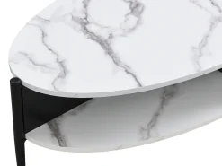 Mesa de centro oval com 4 nichos em MDF e metal efeito mármore branco e preto - EVARO