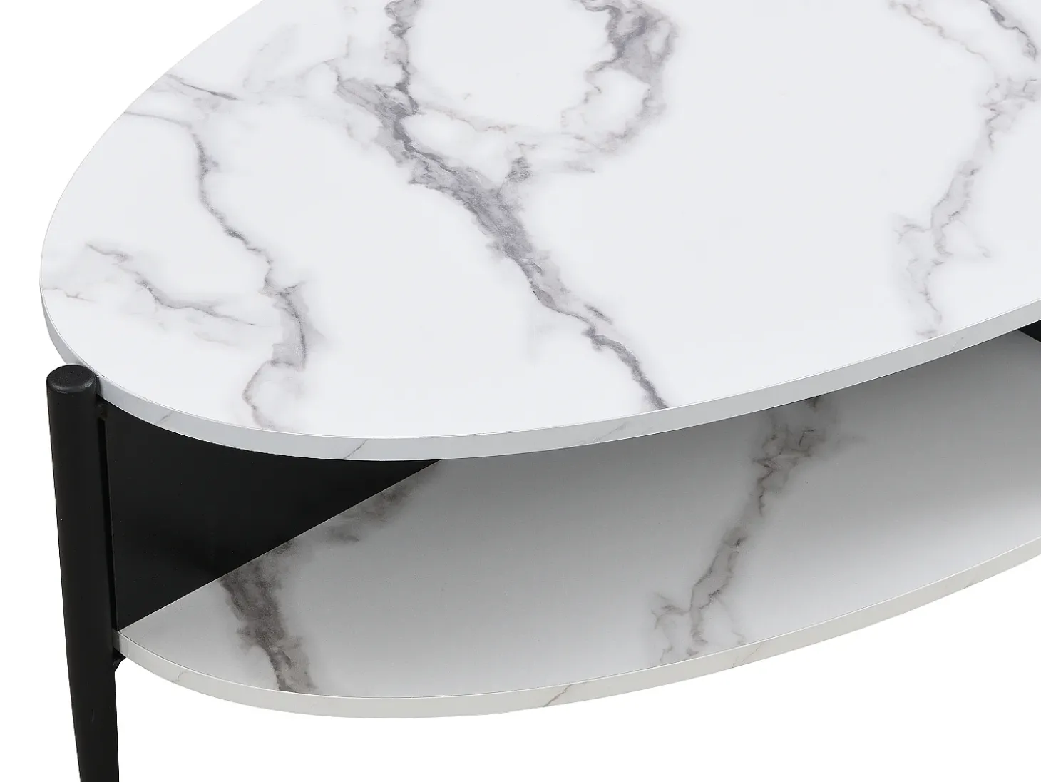 Mesa de centro oval com 4 nichos em MDF e metal efeito mármore branco e preto - EVARO