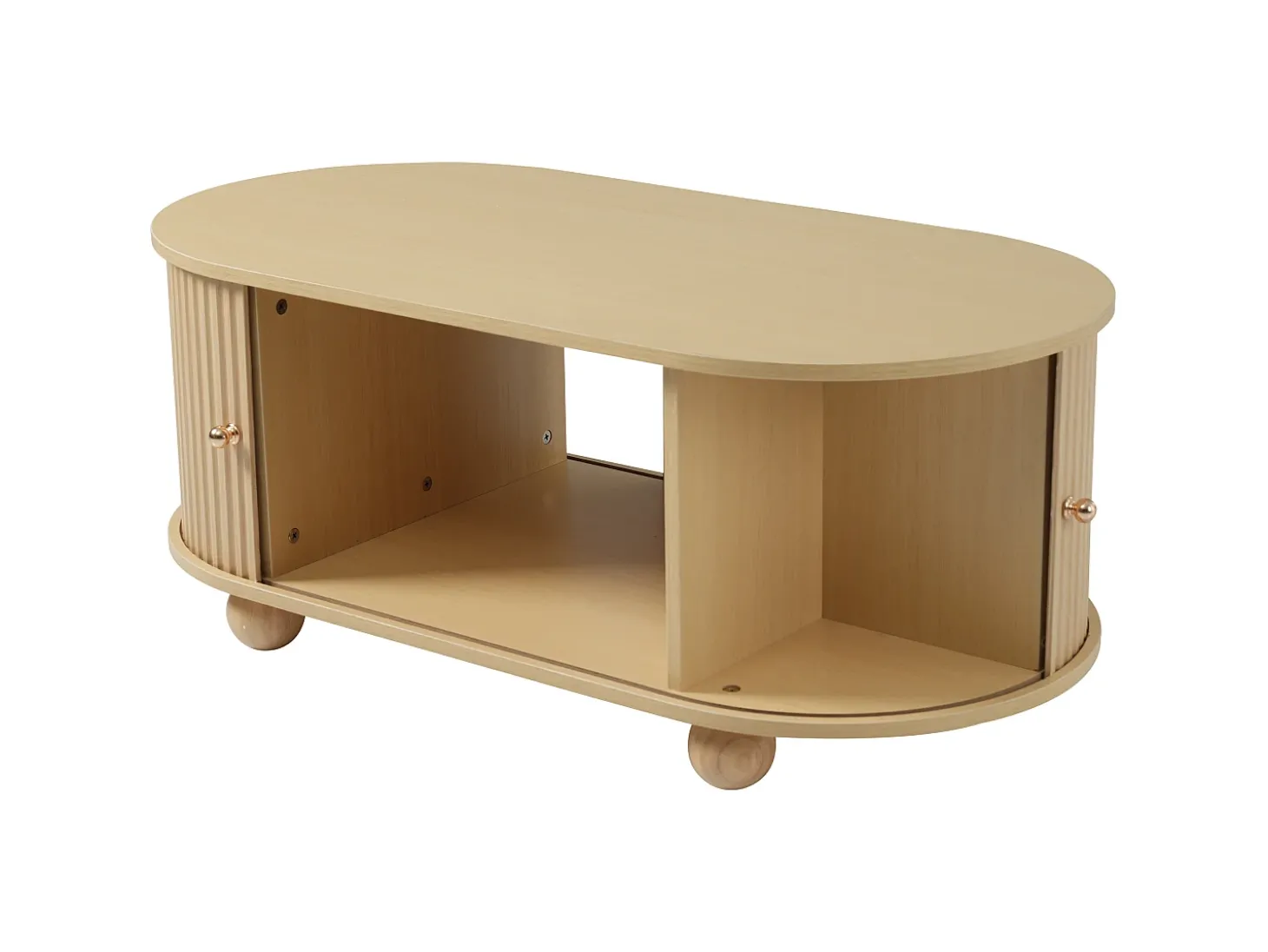 Mesa de centro oval com espaço de arrumação e portas de correr - Cor madeira