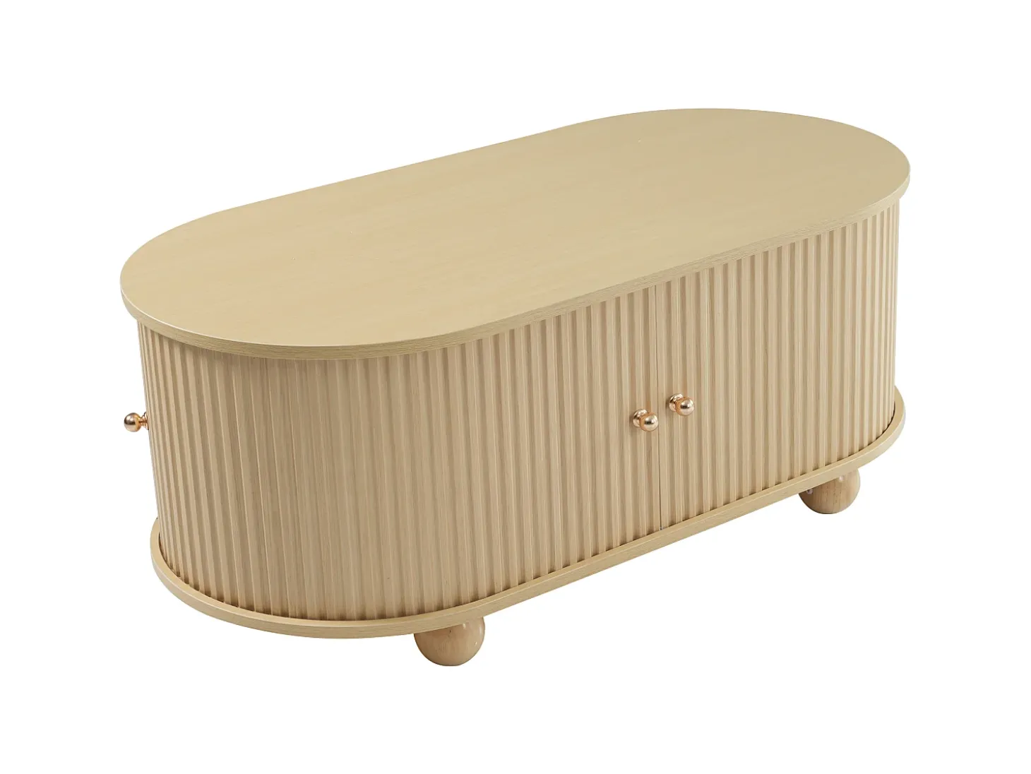 Mesa de centro oval com espaço de arrumação e portas de correr - Cor madeira