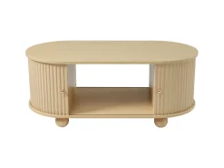 Mesa de centro oval com espaço de arrumação e portas de correr - Cor madeira
