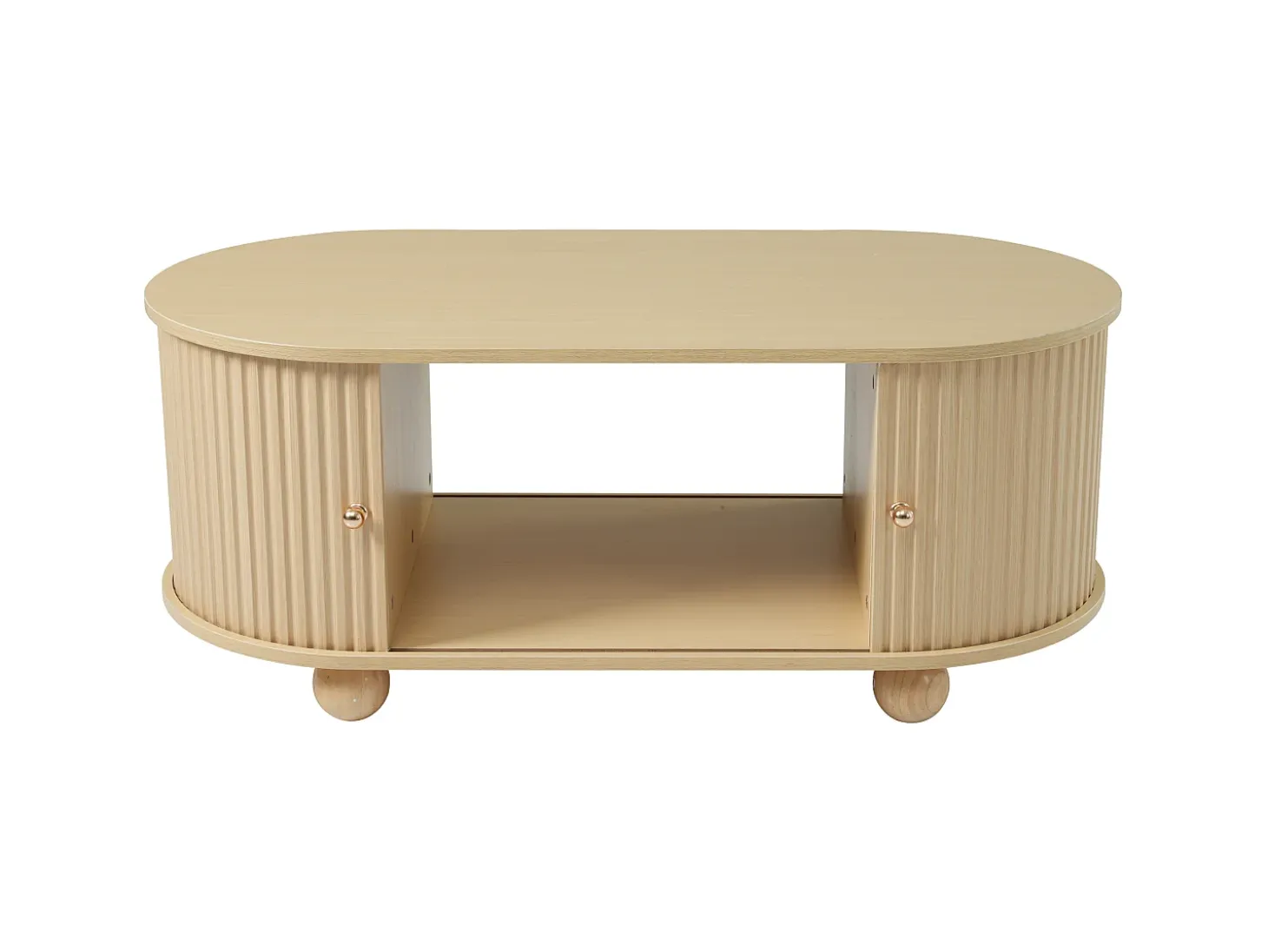 Mesa de centro oval com espaço de arrumação e portas de correr - Cor madeira