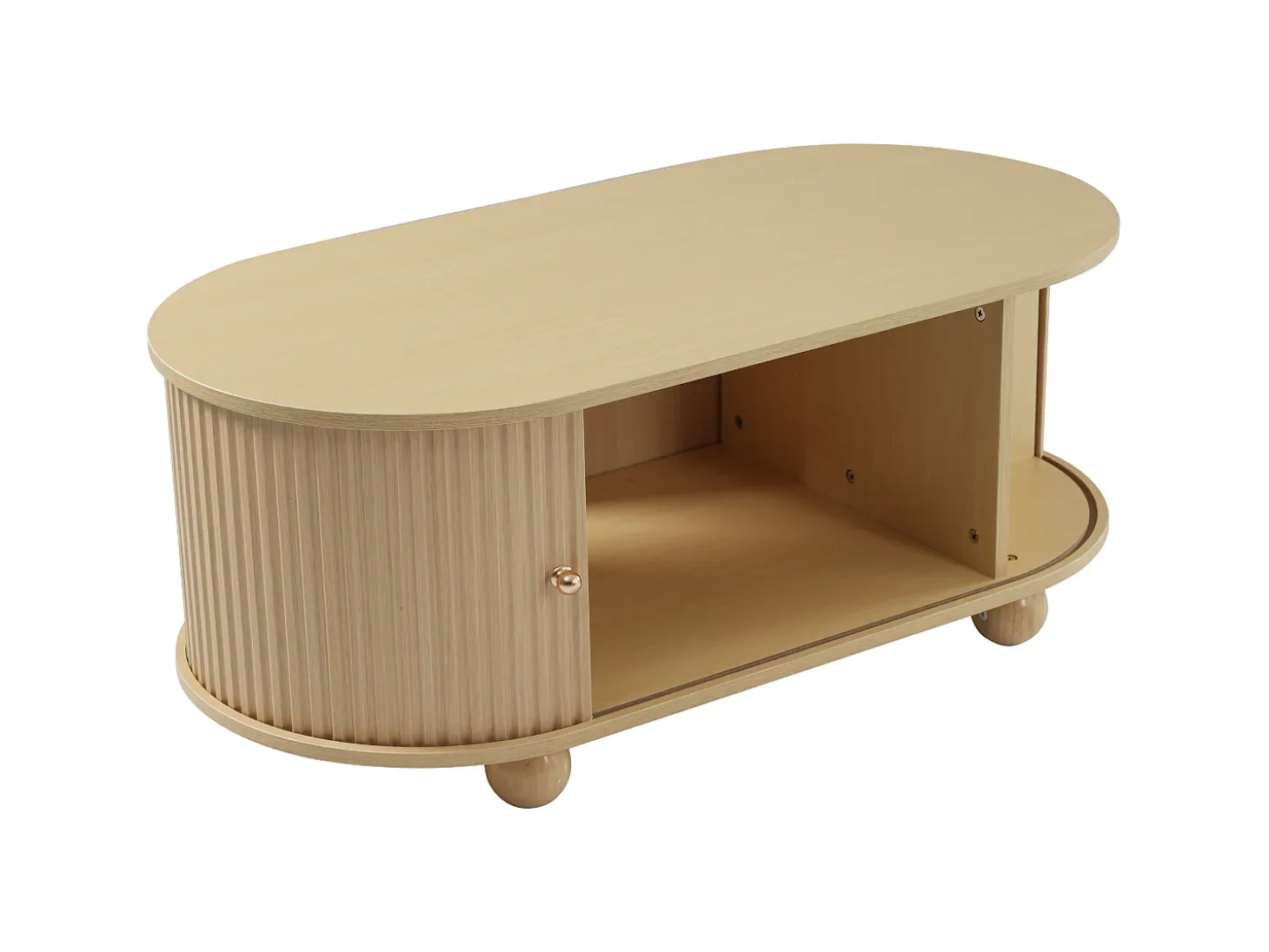Mesa de centro oval com espaço de arrumação e portas de correr - Cor madeira
