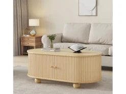 Mesa de centro oval com espaço de arrumação e portas de correr - Cor madeira