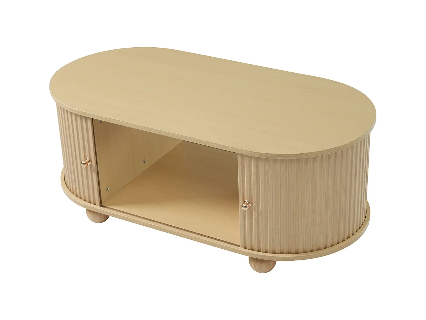 Mesa de centro oval com espaço de arrumação e portas de correr - Cor madeira
