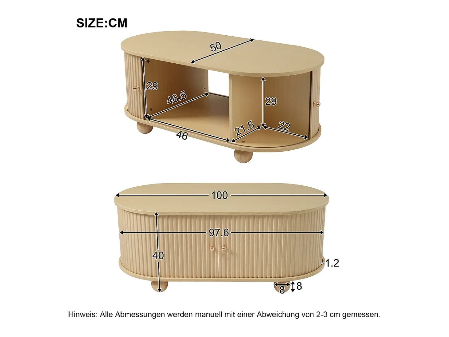 Mesa de centro oval com espaço de arrumação e portas de correr - Cor madeira