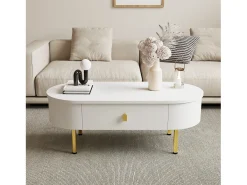 Mesa de centro oval 108x50x40 com 2 gavetas, estrutura branca com puxadores e pés em metal dourado.