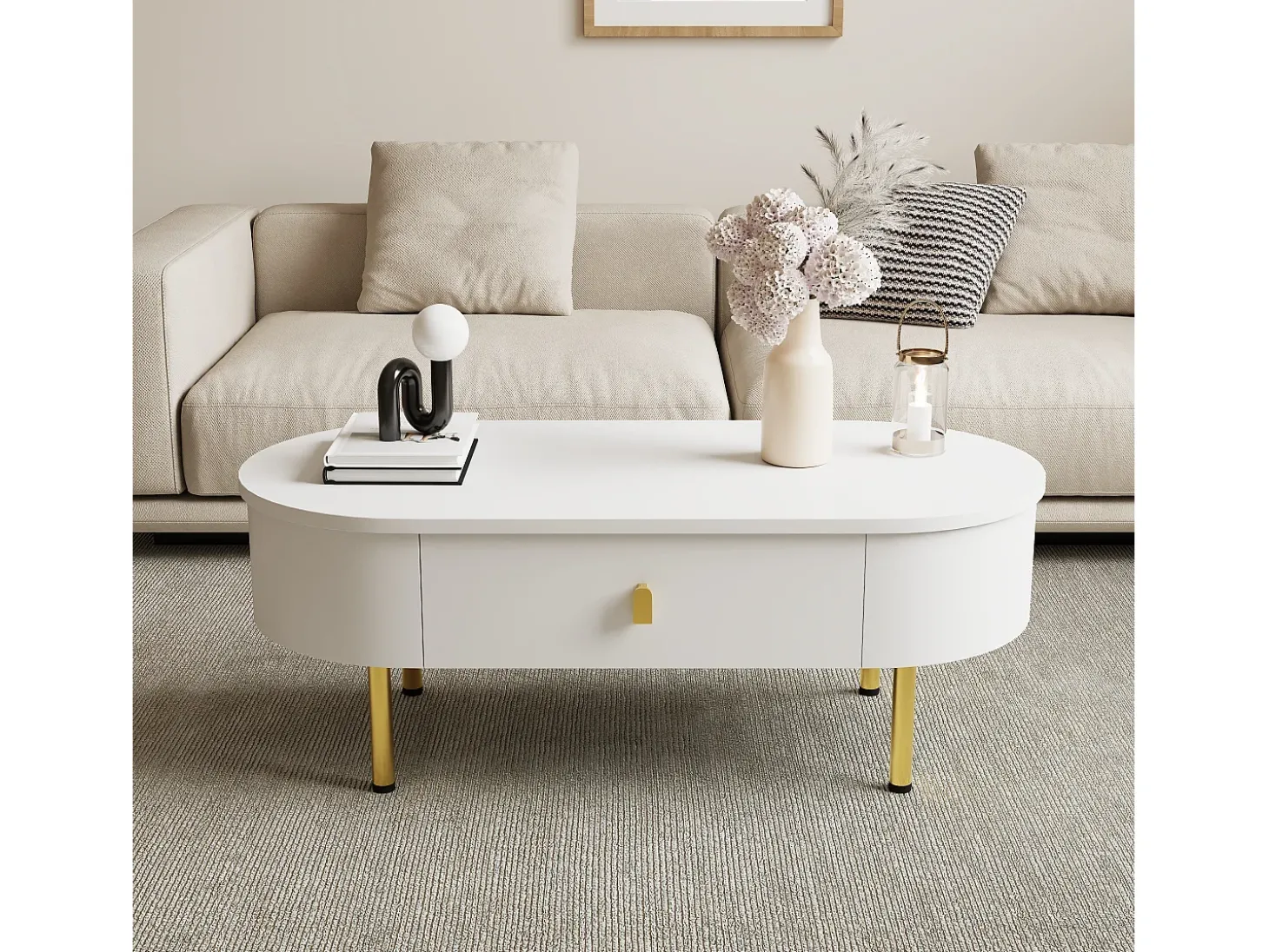 Mesa de centro oval 108x50x40 com 2 gavetas, estrutura branca com puxadores e pés em metal dourado.