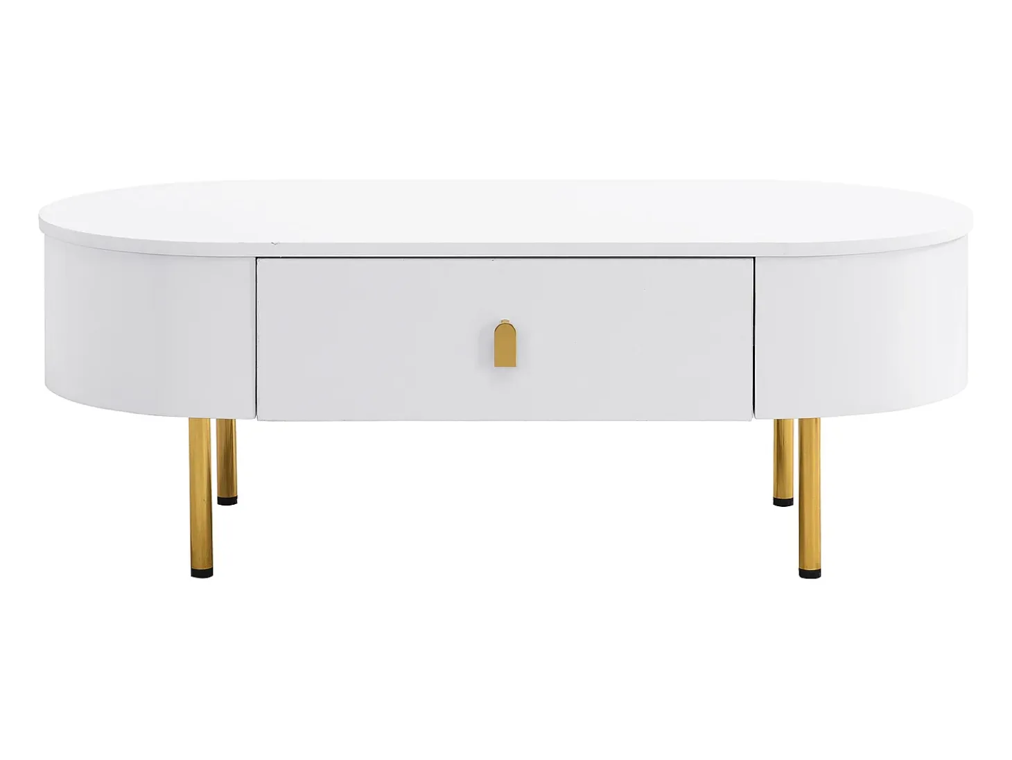 Mesa de centro oval 108x50x40 com 2 gavetas, estrutura branca com puxadores e pés em metal dourado.