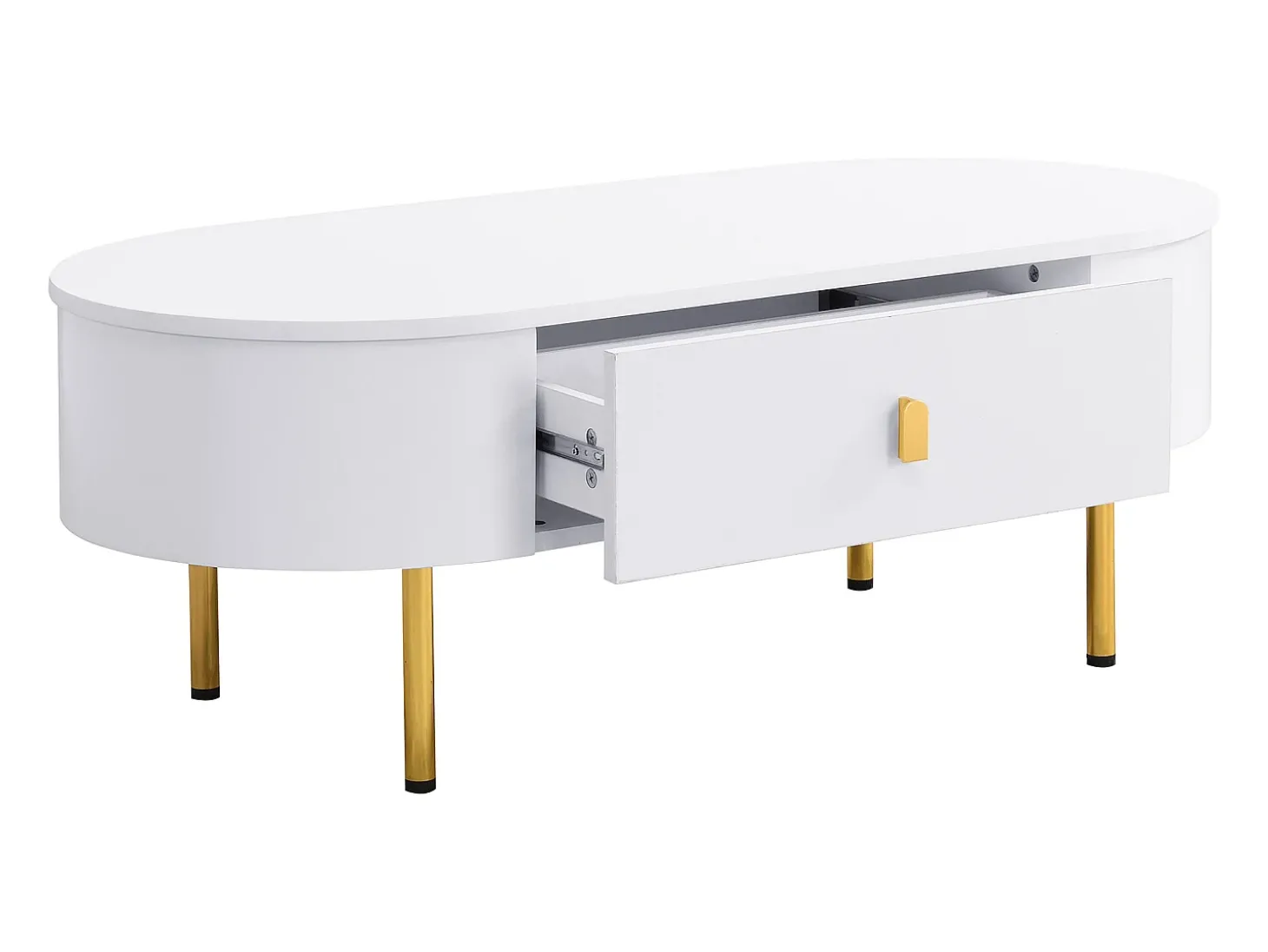 Mesa de centro oval 108x50x40 com 2 gavetas, estrutura branca com puxadores e pés em metal dourado.