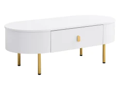Mesa de centro oval 108x50x40 com 2 gavetas, estrutura branca com puxadores e pés em metal dourado.