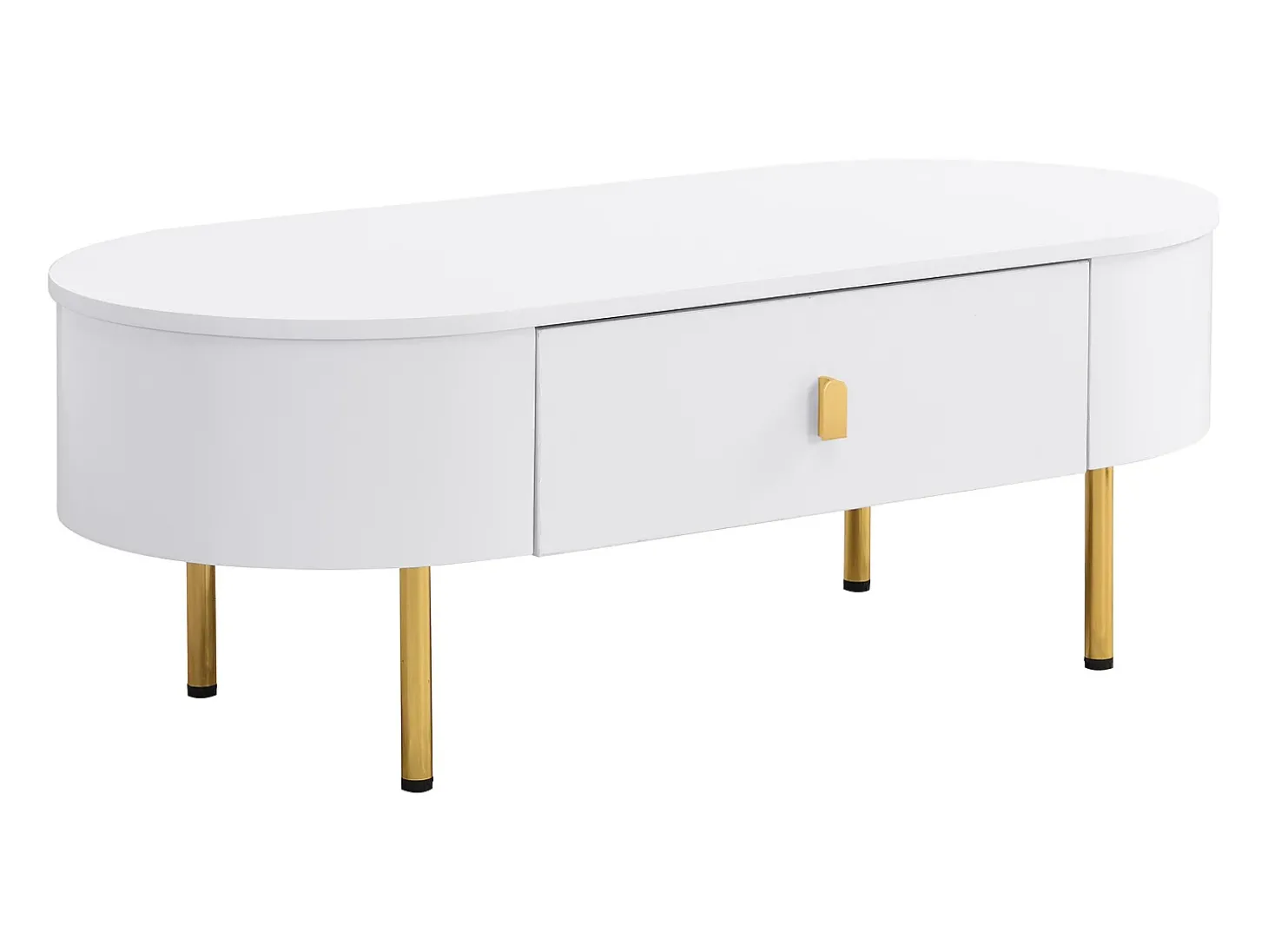 Mesa de centro oval 108x50x40 com 2 gavetas, estrutura branca com puxadores e pés em metal dourado.