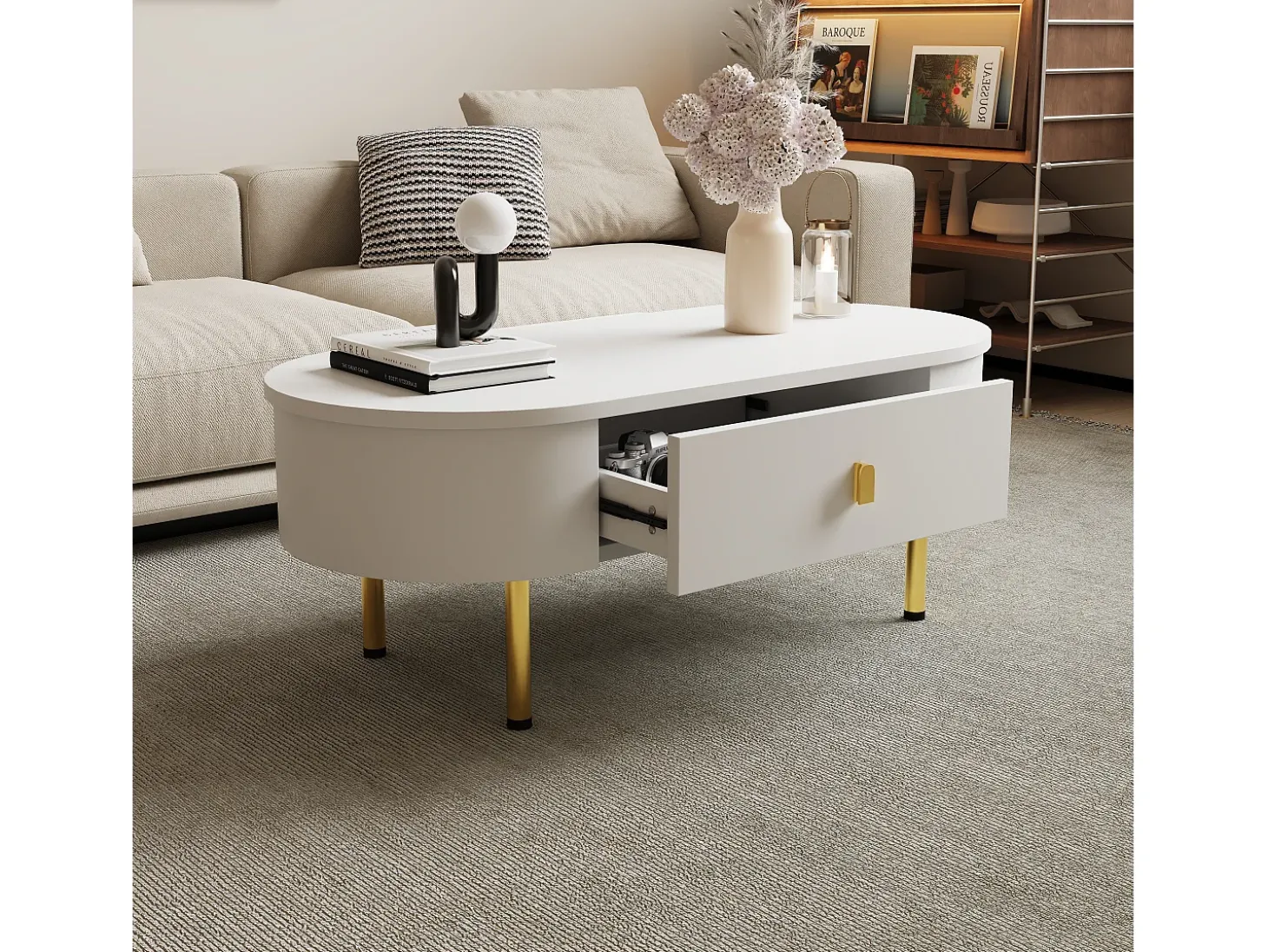 Mesa de centro oval 108x50x40 com 2 gavetas, estrutura branca com puxadores e pés em metal dourado.
