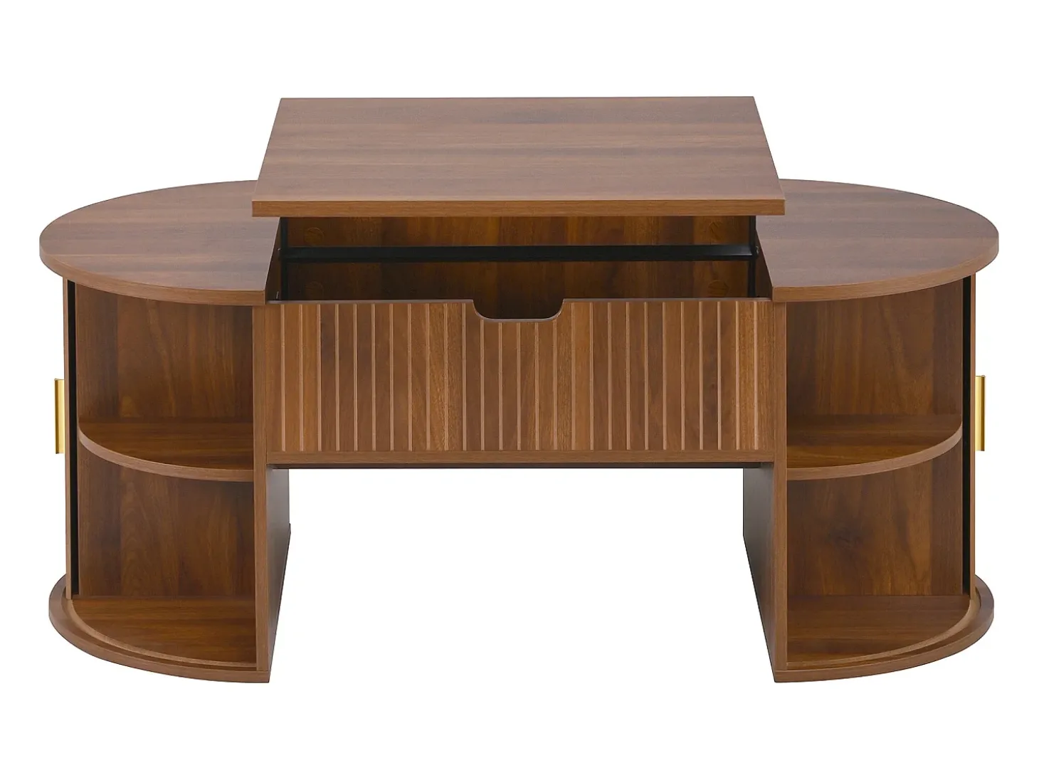 Mesa de centro ovalada ajustável em altura 100x50x40,5 cm - Prateleiras abertas e armazenamento oculto - 2 portas de correr - MDF - Marrom
