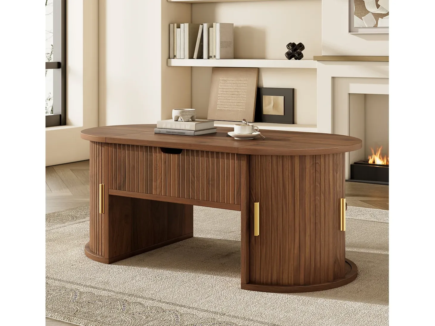 Mesa de centro ovalada ajustável em altura 100x50x40,5 cm - Prateleiras abertas e armazenamento oculto - 2 portas de correr - MDF - Marrom