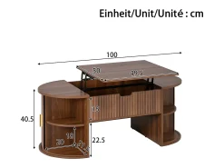 Mesa de centro ovalada ajustável em altura 100x50x40,5 cm - Prateleiras abertas e armazenamento oculto - 2 portas de correr - MDF - Marrom