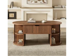 Mesa de centro ovalada ajustável em altura 100x50x40,5 cm - Prateleiras abertas e armazenamento oculto - 2 portas de correr - MDF - Marrom