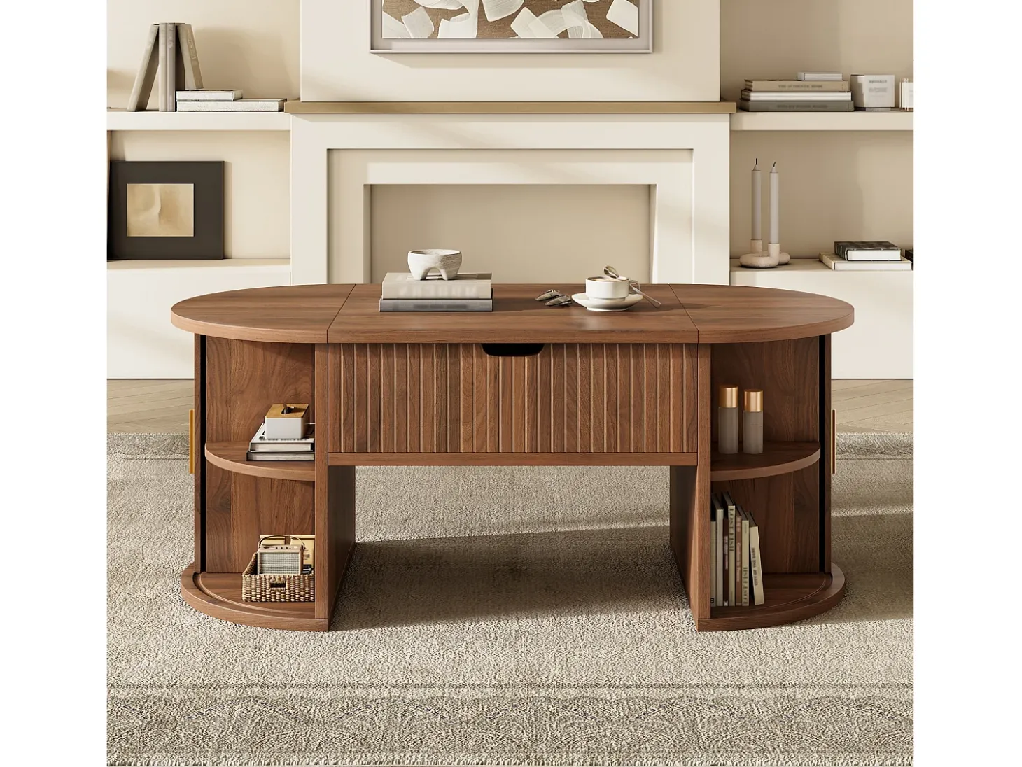 Mesa de centro ovalada ajustável em altura 100x50x40,5 cm - Prateleiras abertas e armazenamento oculto - 2 portas de correr - MDF - Marrom