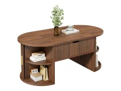 Mesa de centro ovalada ajustável em altura 100x50x40,5 cm - Prateleiras abertas e armazenamento oculto - 2 portas de correr - MDF - Marrom