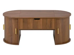 Mesa de centro ovalada ajustável em altura 100x50x40,5 cm - Prateleiras abertas e armazenamento oculto - 2 portas de correr - MDF - Marrom