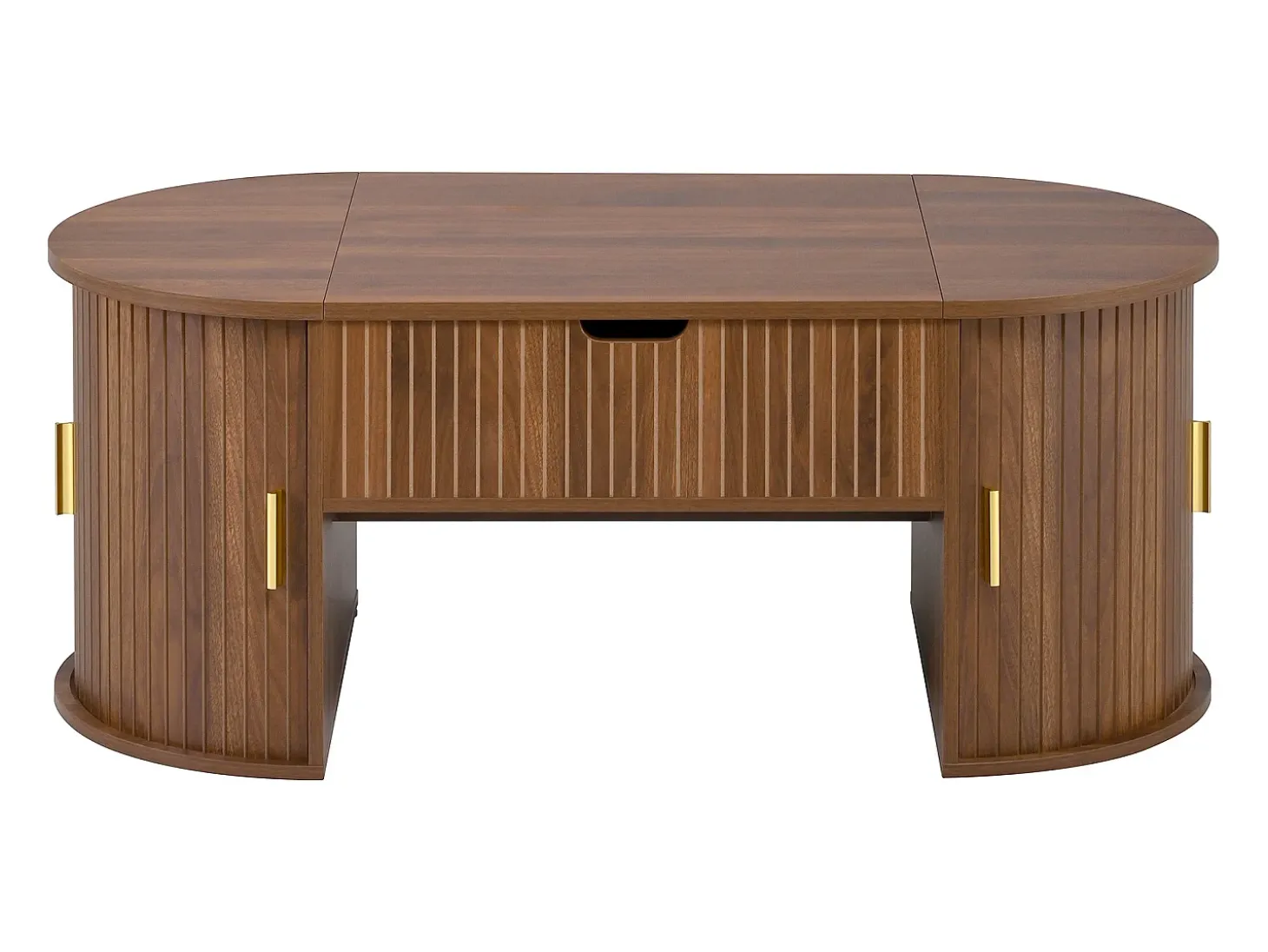Mesa de centro ovalada ajustável em altura 100x50x40,5 cm - Prateleiras abertas e armazenamento oculto - 2 portas de correr - MDF - Marrom