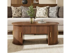 Mesa de centro ovalada ajustável em altura 100x50x40,5 cm - Prateleiras abertas e armazenamento oculto - 2 portas de correr - MDF - Marrom
