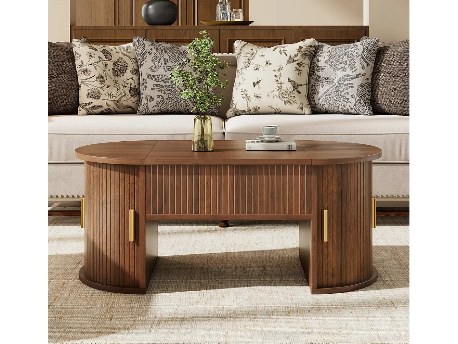 Mesa de centro ovalada ajustável em altura 100x50x40,5 cm - Prateleiras abertas e armazenamento oculto - 2 portas de correr - MDF - Marrom