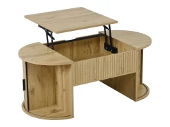 Mesa de centro ovalada ajustável em altura 100x50x40,5 cm - Prateleiras abertas e armazenamento oculto - 2 portas de correr - MDF - Natural