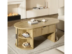 Mesa de centro ovalada ajustável em altura 100x50x40,5 cm - Prateleiras abertas e armazenamento oculto - 2 portas de correr - MDF - Natural