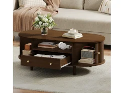 Mesa de centro ovalada 100x50x36 cm - 1 gaveta e 2 portas de correr - Armazenamento aberto - Folheado nogueira - MDF - Marrom