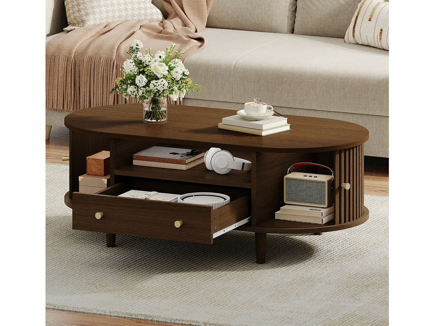 Mesa de centro ovalada 100x50x36 cm - 1 gaveta e 2 portas de correr - Armazenamento aberto - Folheado nogueira - MDF - Marrom