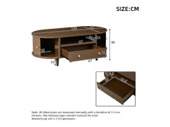 Mesa de centro ovalada 100x50x36 cm - 1 gaveta e 2 portas de correr - Armazenamento aberto - Folheado nogueira - MDF - Marrom