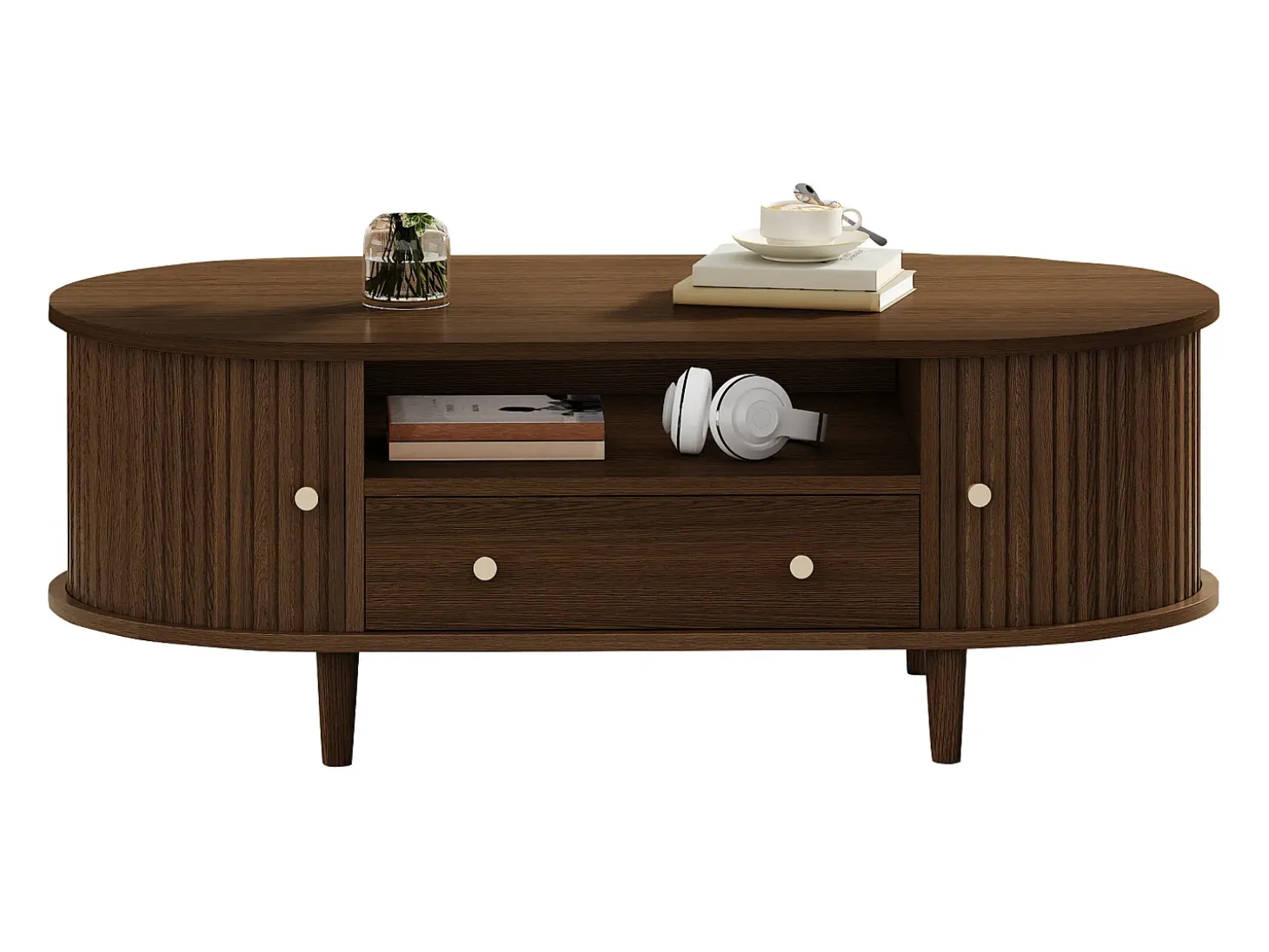 Mesa de centro ovalada 100x50x36 cm - 1 gaveta e 2 portas de correr - Armazenamento aberto - Folheado nogueira - MDF - Marrom