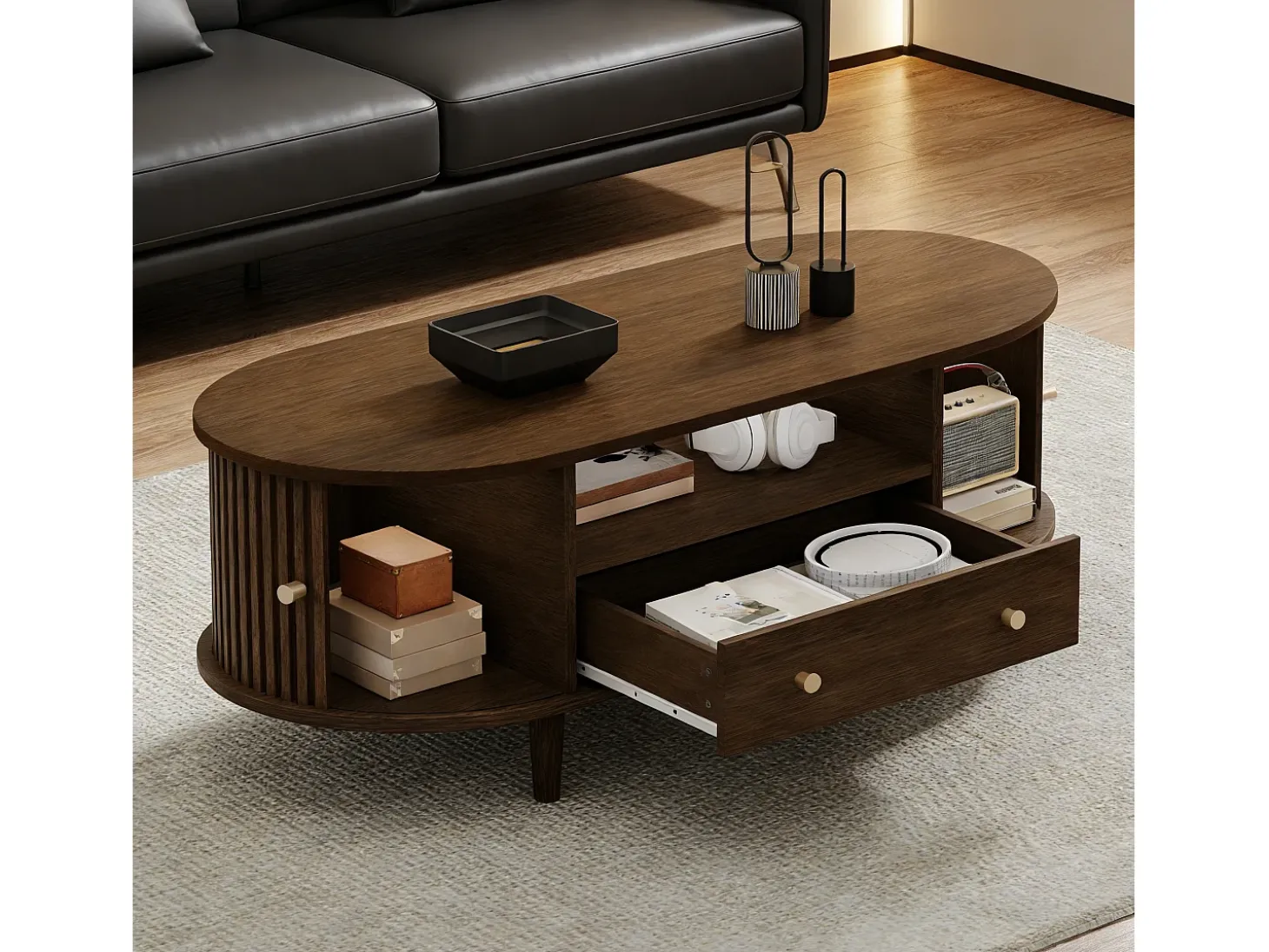 Mesa de centro ovalada 100x50x36 cm - 1 gaveta e 2 portas de correr - Armazenamento aberto - Folheado nogueira - MDF - Marrom