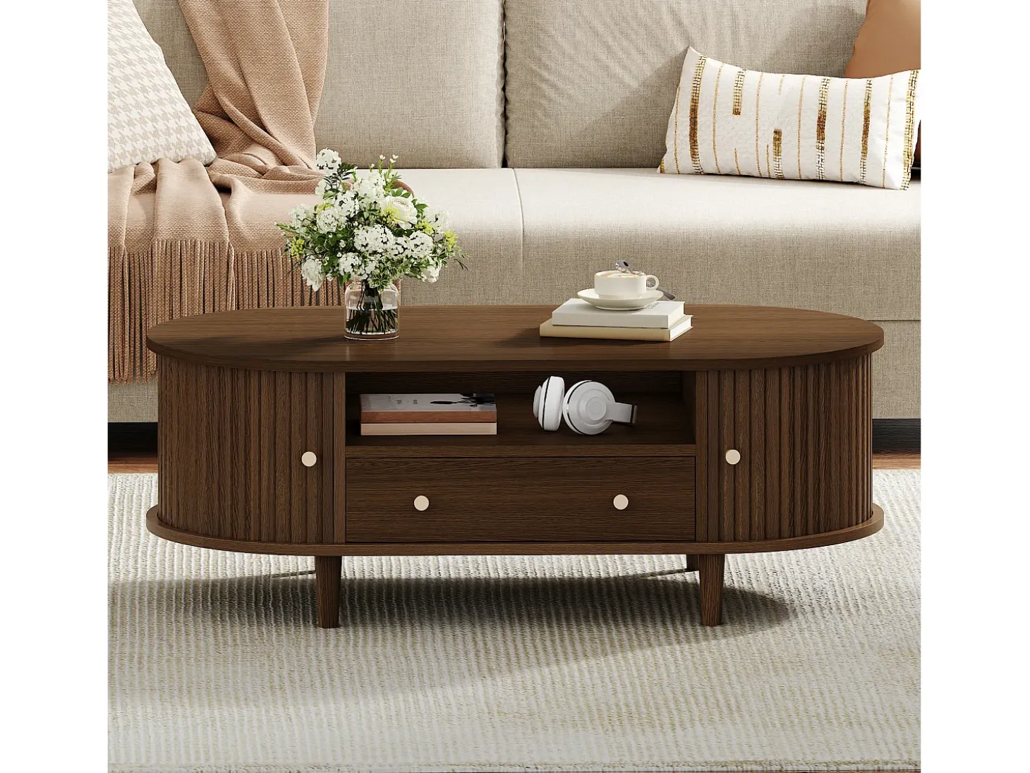 Mesa de centro ovalada 100x50x36 cm - 1 gaveta e 2 portas de correr - Armazenamento aberto - Folheado nogueira - MDF - Marrom
