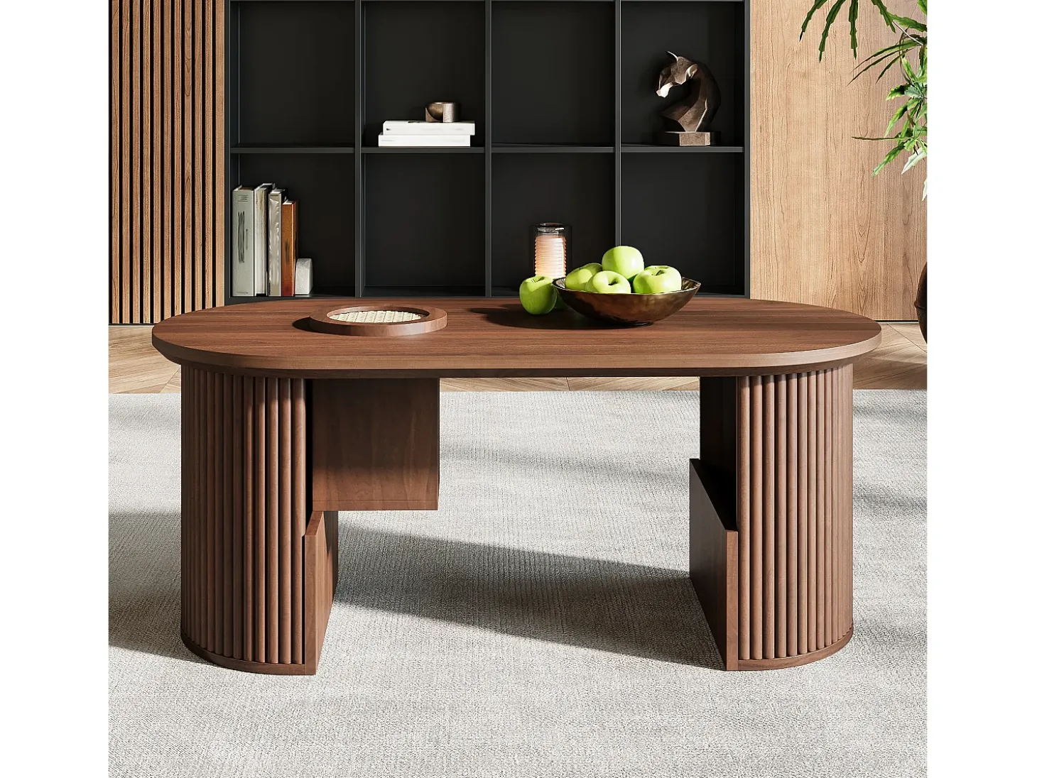 Mesa de centro ovalada 105x50x46,5 cm - Estilo retrô - Armazenamento aberto - MDF - Marrom