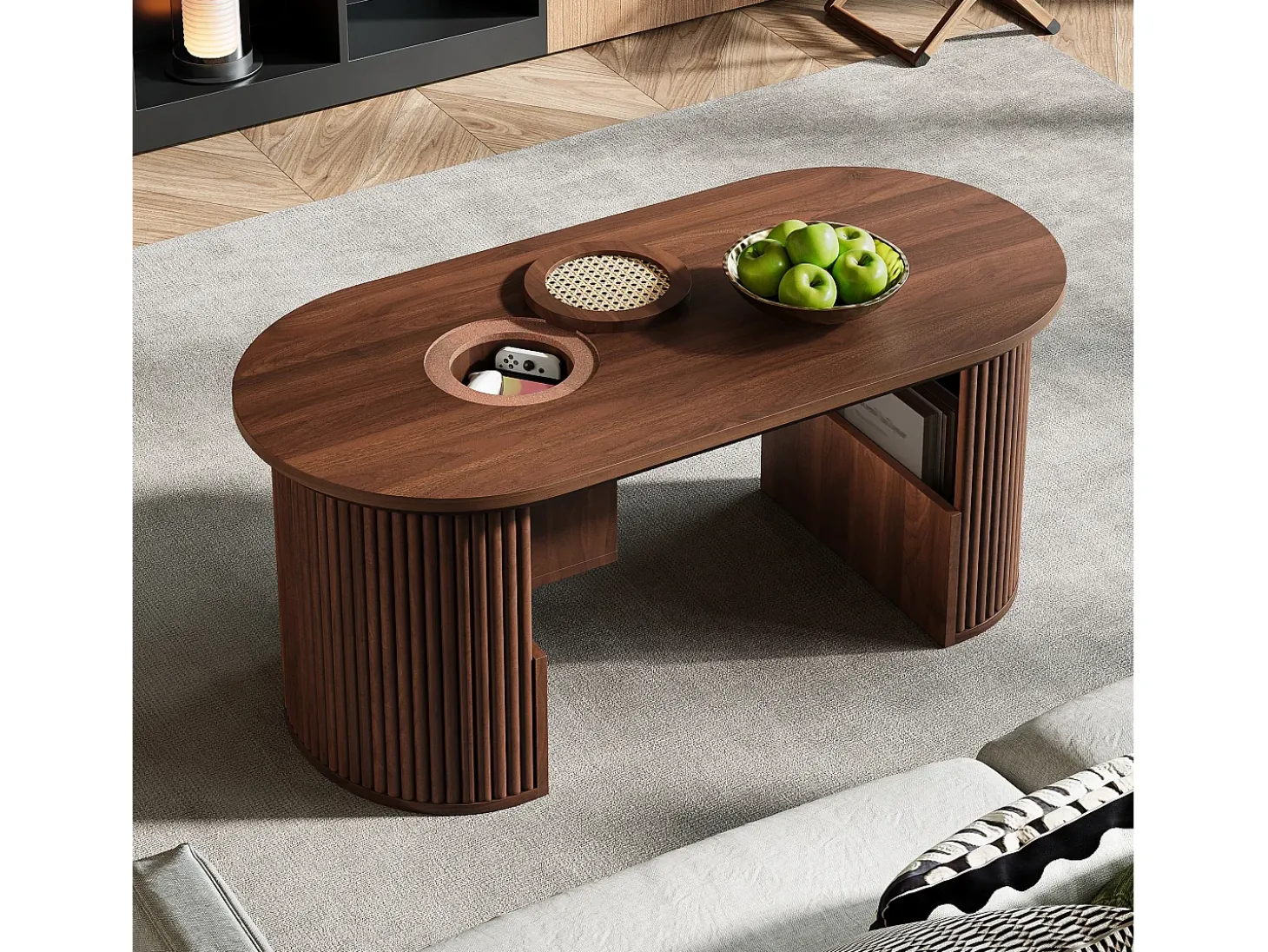 Mesa de centro ovalada 105x50x46,5 cm - Estilo retrô - Armazenamento aberto - MDF - Marrom