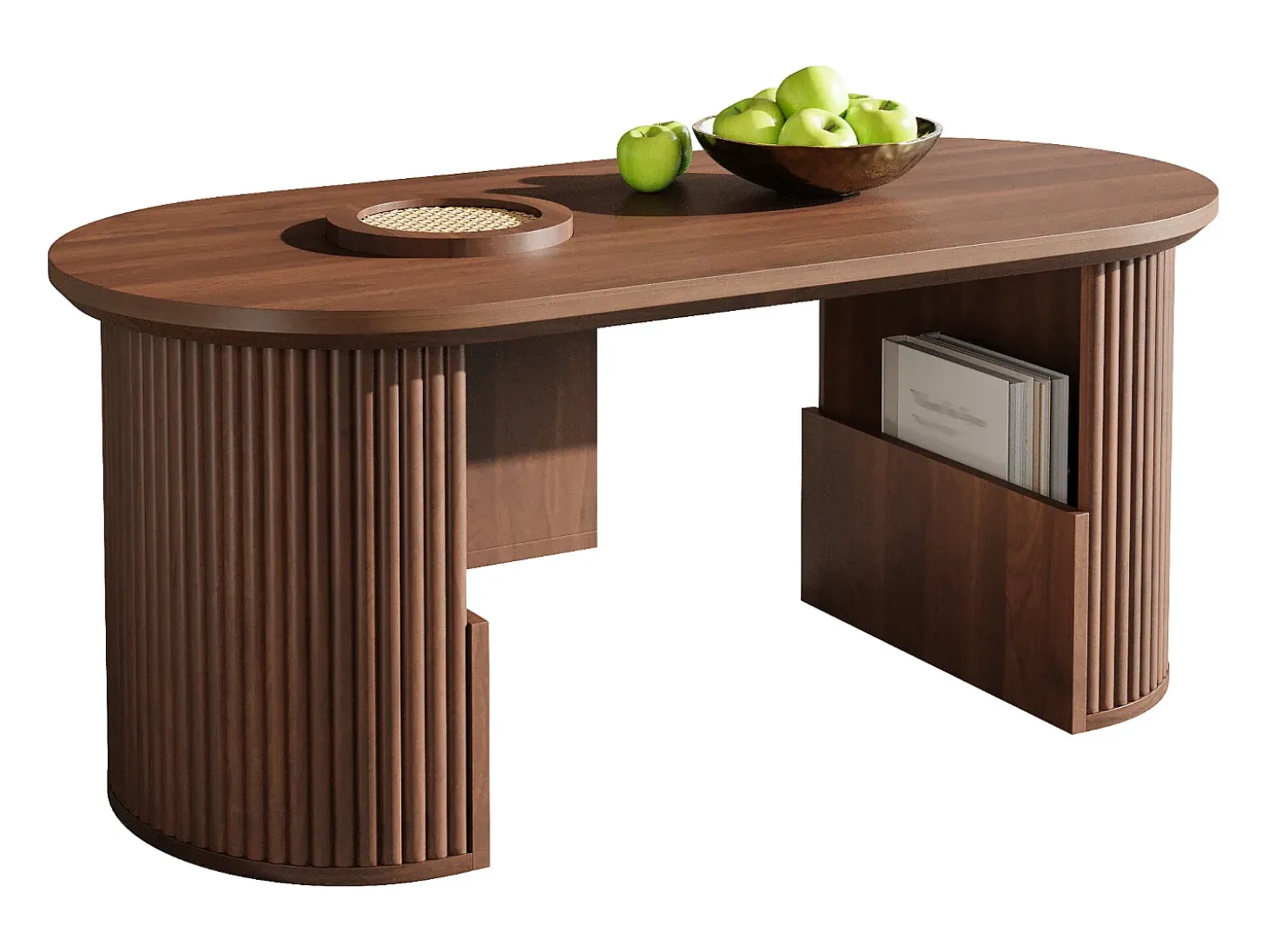 Mesa de centro ovalada 105x50x46,5 cm - Estilo retrô - Armazenamento aberto - MDF - Marrom