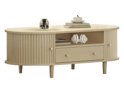 Mesa de centro ovalada 100x50x36 cm - 1 gaveta e 2 portas de correr - Armazenamento aberto - Folheado nogueira - MDF - Natural
