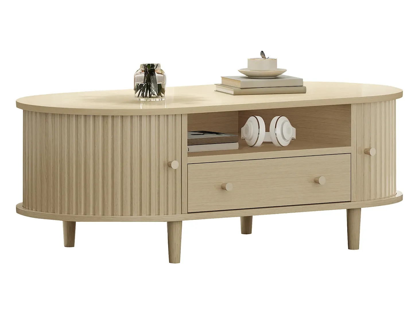 Mesa de centro ovalada 100x50x36 cm - 1 gaveta e 2 portas de correr - Armazenamento aberto - Folheado nogueira - MDF - Natural