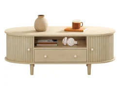 Mesa de centro ovalada 100x50x36 cm - 1 gaveta e 2 portas de correr - Armazenamento aberto - Folheado nogueira - MDF - Natural
