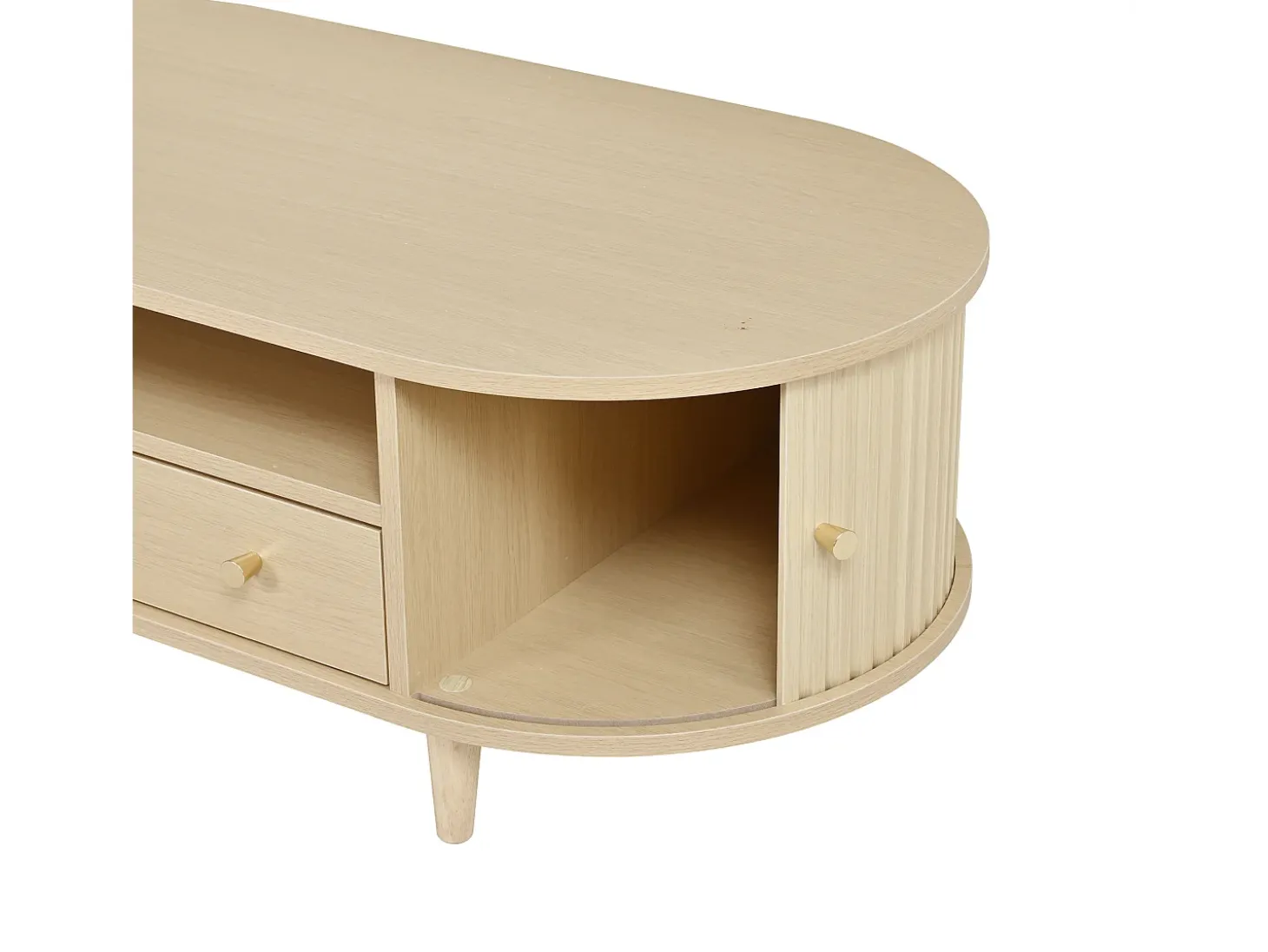Mesa de centro ovalada 100x50x36 cm - 1 gaveta e 2 portas de correr - Armazenamento aberto - Folheado nogueira - MDF - Natural