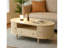 Mesa de centro ovalada 100x50x36 cm - 1 gaveta e 2 portas de correr - Armazenamento aberto - Folheado nogueira - MDF - Natural