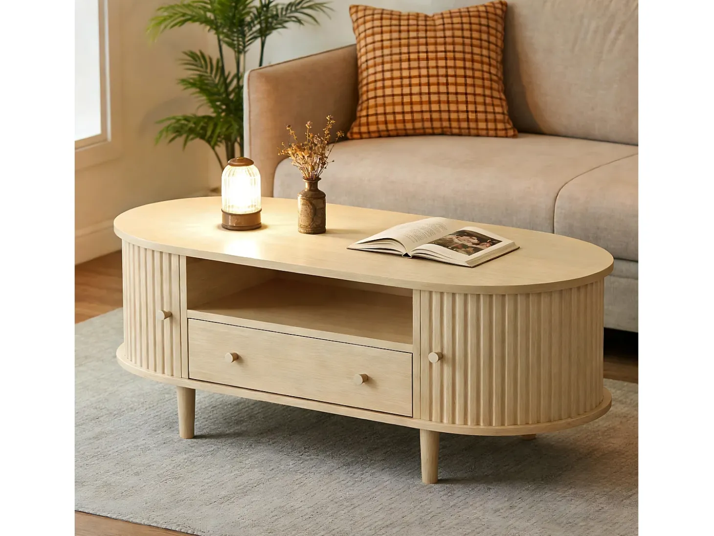 Mesa de centro ovalada 100x50x36 cm - 1 gaveta e 2 portas de correr - Armazenamento aberto - Folheado nogueira - MDF - Natural