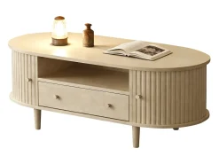 Mesa de centro ovalada 100x50x36 cm - 1 gaveta e 2 portas de correr - Armazenamento aberto - Folheado nogueira - MDF - Natural