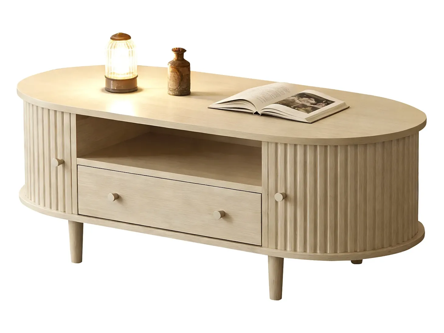 Mesa de centro ovalada 100x50x36 cm - 1 gaveta e 2 portas de correr - Armazenamento aberto - Folheado nogueira - MDF - Natural