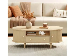 Mesa de centro ovalada 100x50x36 cm - 1 gaveta e 2 portas de correr - Armazenamento aberto - Folheado nogueira - MDF - Natural