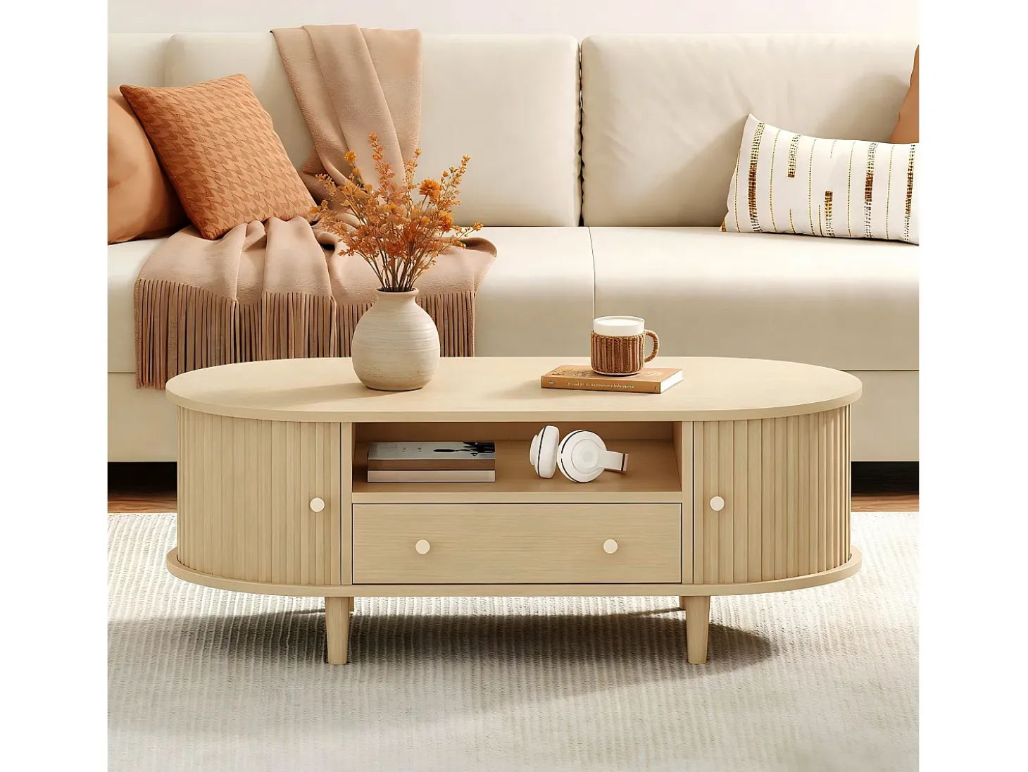 Mesa de centro ovalada 100x50x36 cm - 1 gaveta e 2 portas de correr - Armazenamento aberto - Folheado nogueira - MDF - Natural